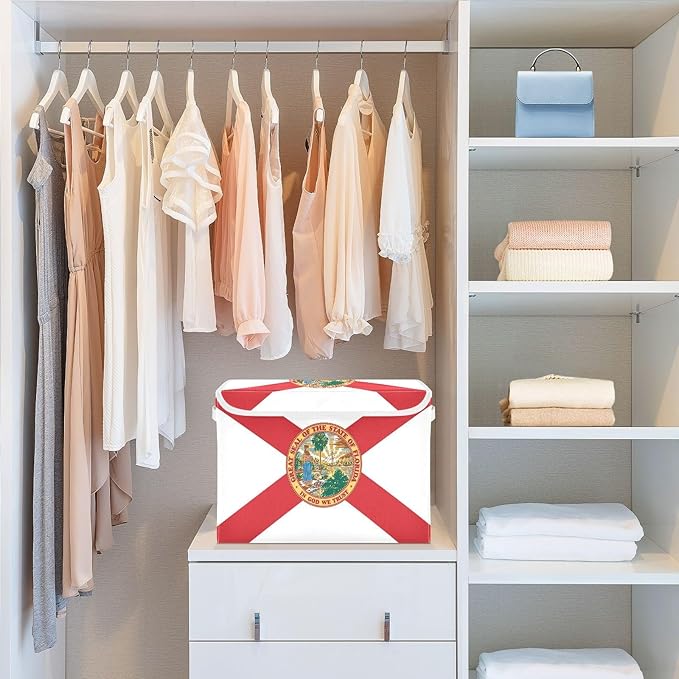 Florida State Polyester Flag Fl Red Storage Container with Lid Collapsible Box Organizer Boxes for Storage for Dorm Room