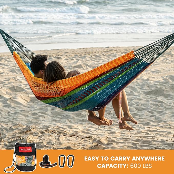 Lazy Daze Hammocks Handwoven Mayan Hammock 10.5 FT Soft Rope Double Hammocks Portable Outdoor Hammock with Carry Bag 2 Straps &amp Carabiners for Patio Outside 550 lbs Weight Capacity Multi Colo