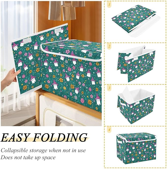 Halloween Teal Ghosties Stars Flowers Storage Box with Lid 1 PC Foldable Storage Bin with Lids Stackable Storage Bins Cube Closet Organizer Basket with Flip-Top Lid &amp Handles for Shoes Books Towel