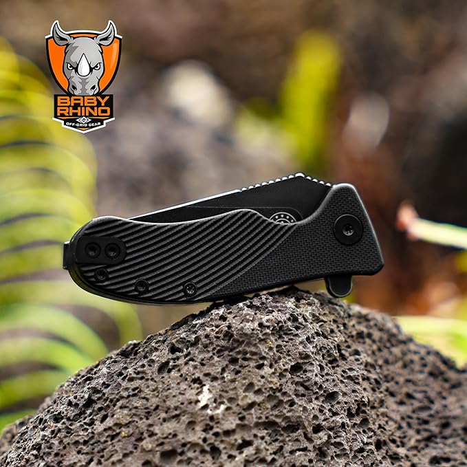 Off-Grid Gear Baby Rhino Compact Pocket Knife - Sandvik 12C27 G10 Scales Lightweight Design for Camping Hiking and Fishing (Nightfall)