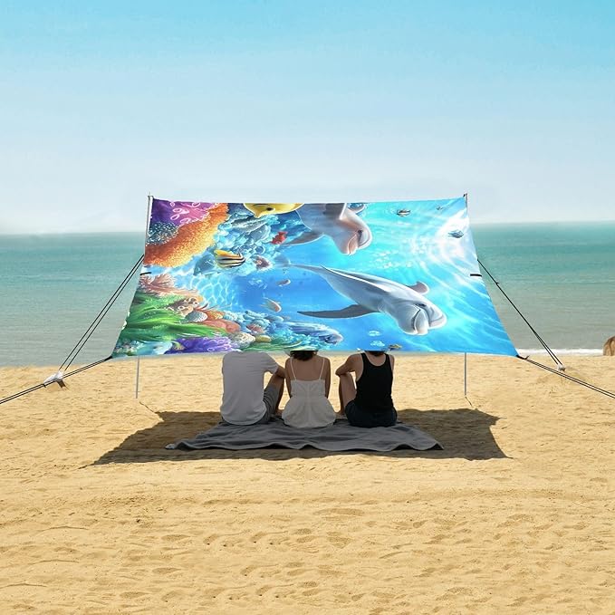 ALAZA Dolphin Turtle in The Ocean Beach Tent Sun Shelter UPF50+ Protection Beach Shade Canopy w/ 4 Sandbags for Outdoor Camping Fishing Backyard Fun Picnic 10x9 ft