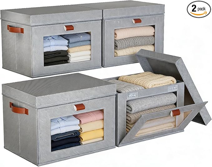 4-Pack Large Storage Bins with LidsStackable&ampCollapsible Closet Storage BinsOxford Fabric Organizer Box with Clear WindowLarge Decorative Storage Boxes for ClosetDorm16.5x11.8x11