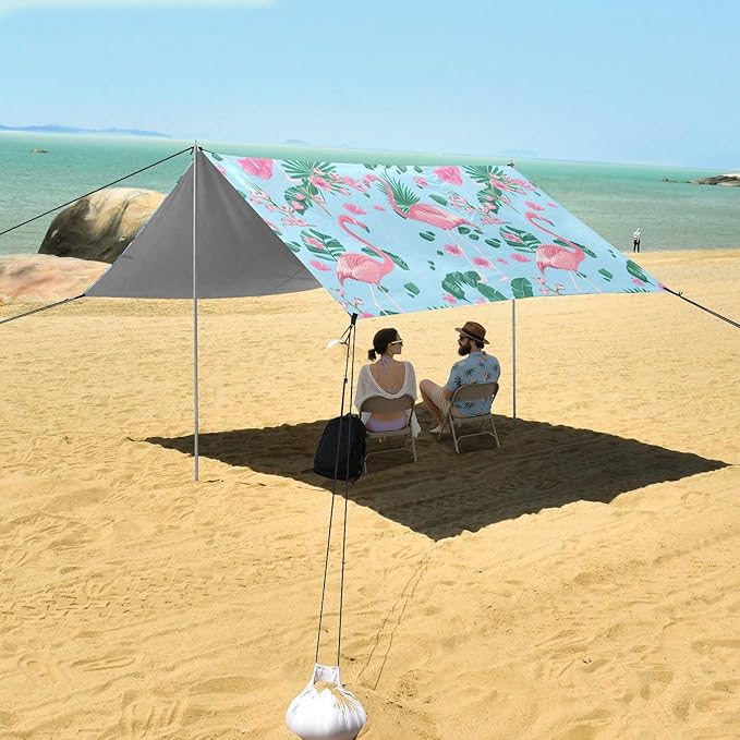 Beach Canopy with Windproof Ropes &amp Sandbags Beach Tent Sun Shade Sun Shelter for Camping Trips Fishing Backyard Fun or Picnics Flamingos