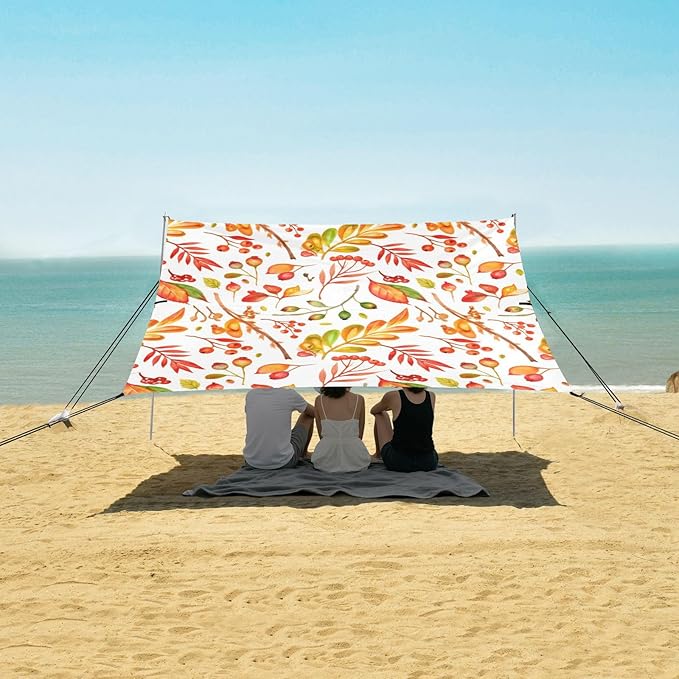 Beach Canopy with Windproof Ropes &amp Sandbags Beach Tent Sun Shade Sun Shelter for Camping Trips Fishing Backyard Fun or Picnics Autumn Leaves