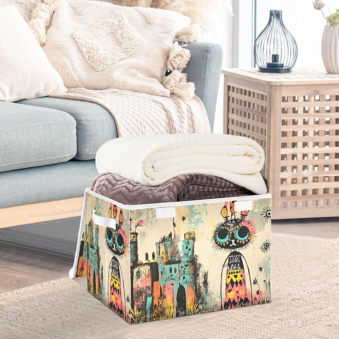 Storage Cube with Lid Abstract Cartoon Castle Print 16.5×12.6×11.8 IN Collapsible Large Capacity Foldable Storage Basket Bin Organizer