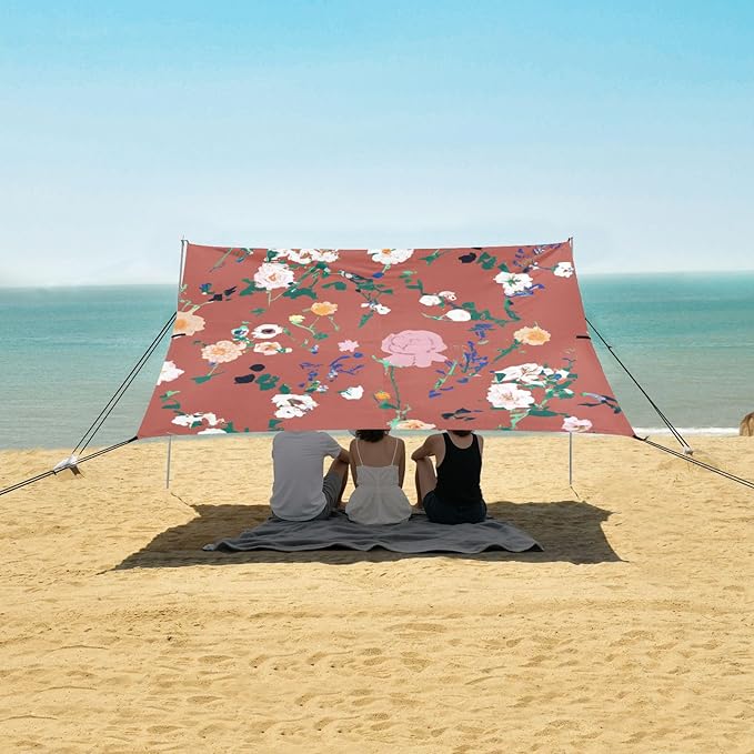 Graffiti Style Red Floral Beach Tent Sun Shelter Set UPF50+ UV Protection 10.5 x 9.19 FT Camping Shade Canopy with Sandbags Sand Anchors Carrying Bag and Others