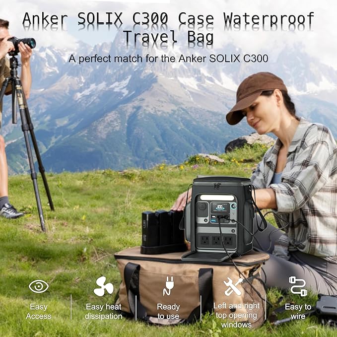 Waterproof Travel Bag for Anker SOLIX C300 - IPX4 Rated Shockproof Organizer With Two Pockets and Adjustable Strap for Anker SOLIX C300 Portable Power Station