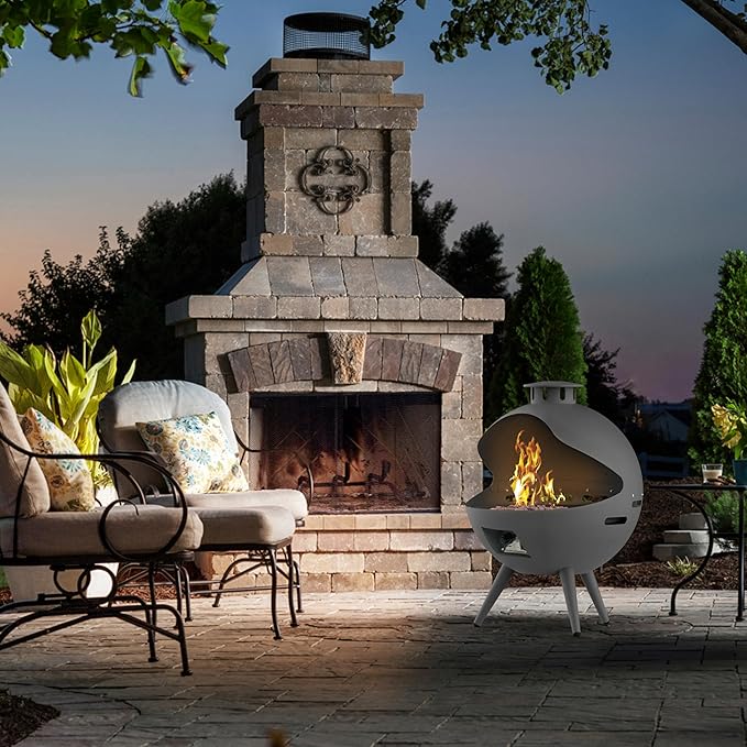 24-Inch Chimenea Outdoor Gas Fireplace 55000 BTU Propane Fire Pit with Lava Rocks and Rain Cover Hemispherical 3-Legged Firepit Gray