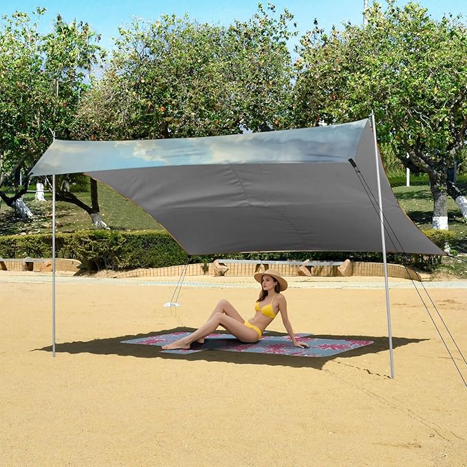 Beach Canopy with Windproof Ropes &amp Sandbags Beach Tent Sun Shade Sun Shelter for Camping Trips Fishing Backyard Fun or Picnics Autumn Landscape