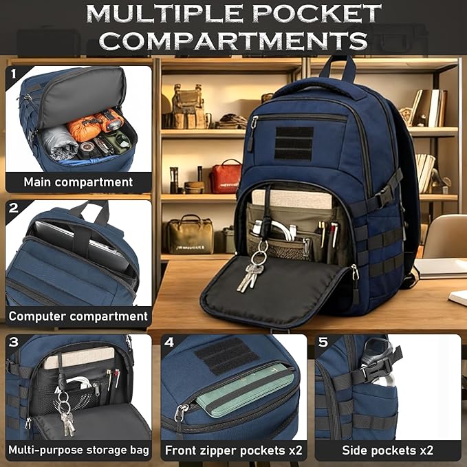 25L Military Tactical Backpack for Men - Molle Army 3 Days Assault Pack Out Bag Hiking Rucksack (Blue 25L)