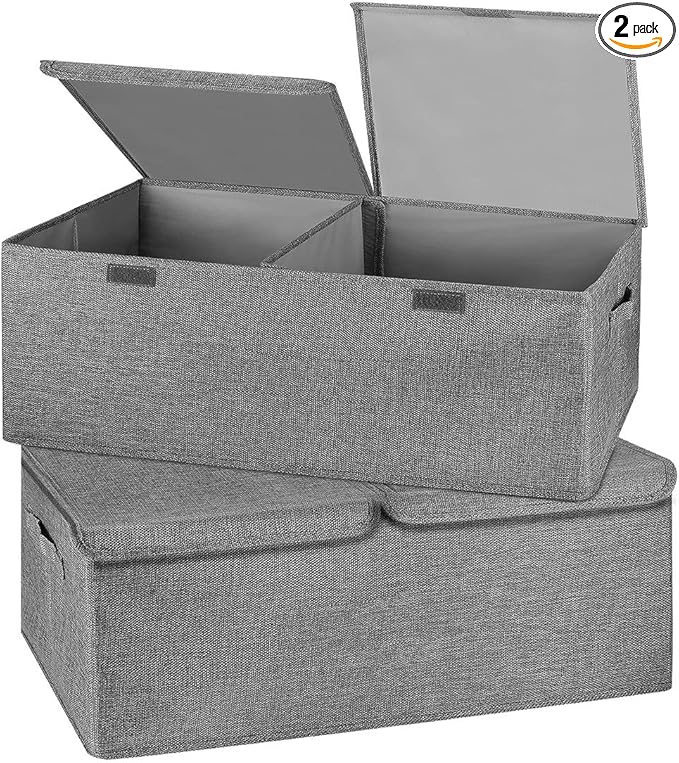2 Pack Storage Boxes with Lids and Handles Collapsible Linen Storage Bins Organizer Containers Baskets Cube with Removable Divider for Home Bedroom Closet Office (Grey Small)