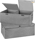 2 Pack Storage Boxes with Lids and Handles Collapsible Linen Storage Bins Organizer Containers Baskets Cube with Removable Divider for Home Bedroom Closet Office (Grey Small)