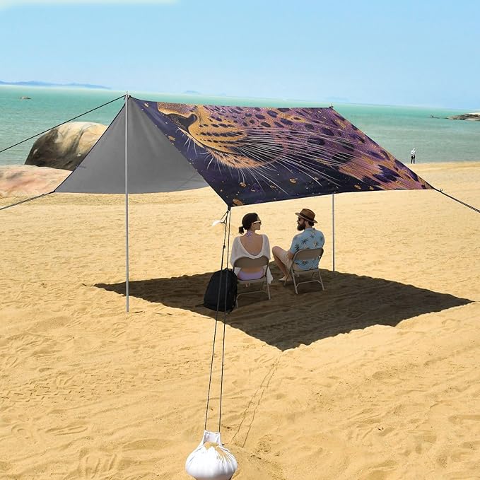 ALAZA Leopard on Purple Beach Tent Sun Shelter Portable Canopy Sunshade for Outdoor Camping Picnics Backyard Fun 10x9 ft