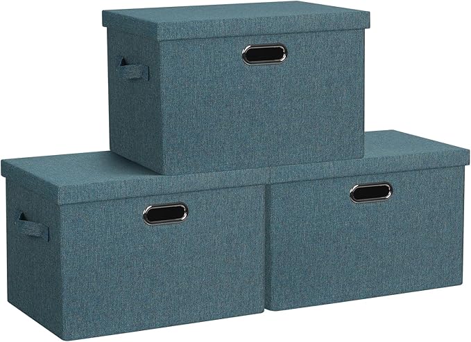Graciadeco Large 17 36 Quart Collapsible Stackable Storage Bins with Lids 3 Packs Blue-Green Linen Fabric Closet Boxes with Lids Storage Cube Baskets Container Organizers for Bedroom (17x12x11)