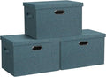 Graciadeco Large 17 36 Quart Collapsible Stackable Storage Bins with Lids 3 Packs Blue-Green Linen Fabric Closet Boxes with Lids Storage Cube Baskets Container Organizers for Bedroom (17x12x11)