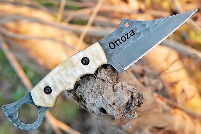 Ottoza Small Seax Tactical Knife with Fixed Blade - Durable Outdoor EDC Knife with Leather Sheath Horizontal Carry - Bone Handle 386