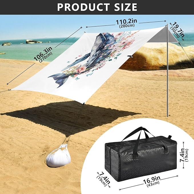 ALAZA Whale Flower Beach Tent Sun Shelter UPF50+ Protection Beach Shade Canopy w/ 4 Sandbags for Outdoor Camping Fishing Backyard Fun Picnic 10x9 ft