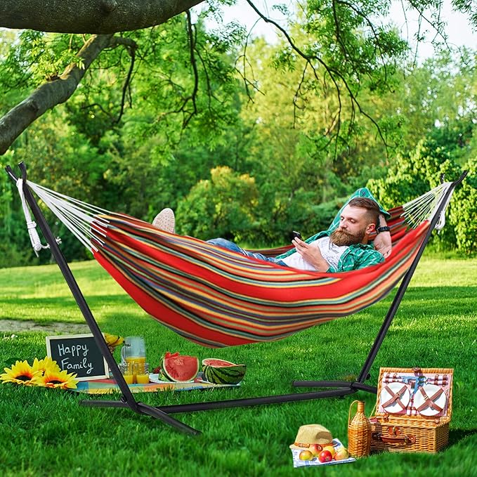 550lbs Capacity Double Hammock Adjustable Hammock Bed with 10ft Heavy Duty Steel Stand Includes Portable Carrying Case Easy Set up Red Pinstrip B