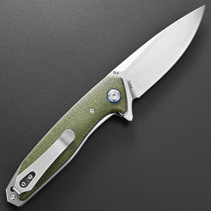 Eafengrow EF972 Folding Knife D2 Steel Blade Micarta Handle Pocket Knife Folder for Outdoor Camping Hiking Working EDC Tool Knife(army green)