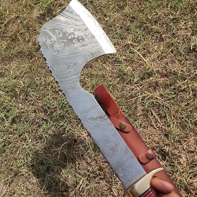 Custom Handmade Viking Hatchet Axe 216+ Layers Damascus Steel Bearded - Camping - Battle - Tomahawk Axes with Leather Sheath