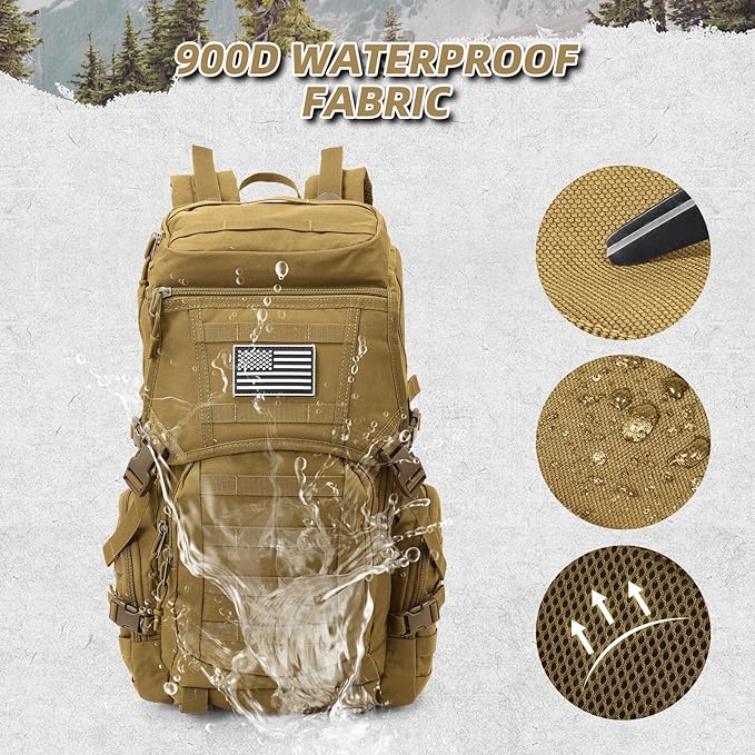 35L Military Tactical Backpack for MenWater Resistant Assault Pack for WomenKhaki Molle Daypack 3 Day Bug Out Bag Rucksack for Trekking CampingSurvivalEDC