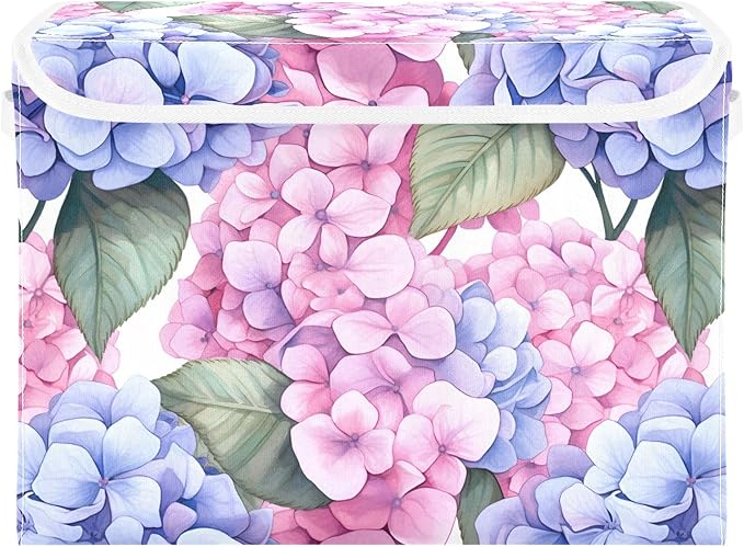 ALAZA Hydrangea Flowers Storage Bins Organizer Box Baskets Lidded Clothes for Shelves Closet Collapsible Stackable Storage Cubes Handles