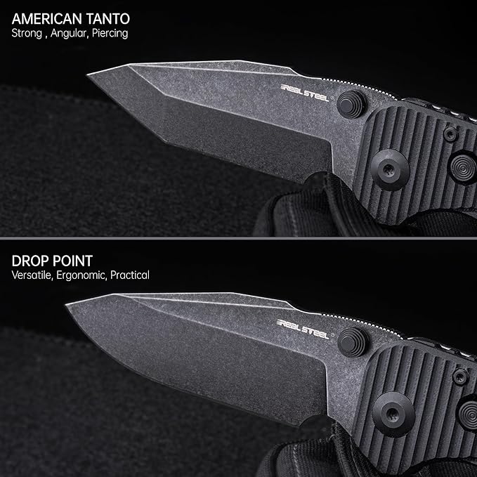 REALSTEEL Evolution Ironclad Folding Pocket Knife3.8Droppoint D2 BladeButton Frame LockG10 HandleThumb StudSafety Switch6.5ozEDC Tactical Indoor OutdoorCampingHikingDaily UseGift for Men W