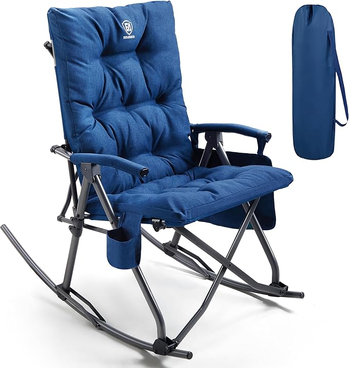 EVER ADVANCED Oversized Folding Rocking Camping Chair Padded Portable Rocker Chair for Patio Lawn and Outdoors Heavy Duty Hard Armchair for Adults Supports 400lbs Blue