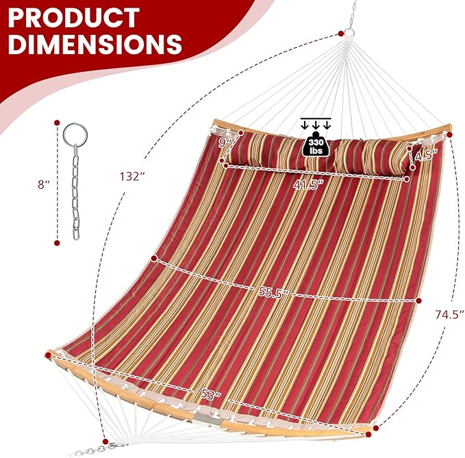 Tangkula 11FT Double Hammock Heavy Duty Outdoor Hammock with Curved Spreader Bars Detachable Pillow 2 Person Hammocks for Outside Porch Patio (Red)
