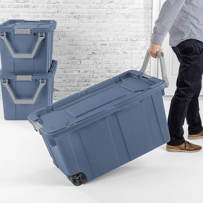 40-gallon wheeled industrial storage bins 2 count rugged plastic latch lid storage totes blue wheeled bulk storage bins