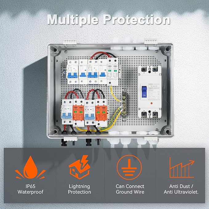PV Combiner Box 2 String Solar Distribution Box with 25A 250A DC Circuit Breakers 63A125A AC Circuit Breakers and Surge Protection. Solar PV Breaker Box Perfect for 8K-10KW Solar Inverter Systems