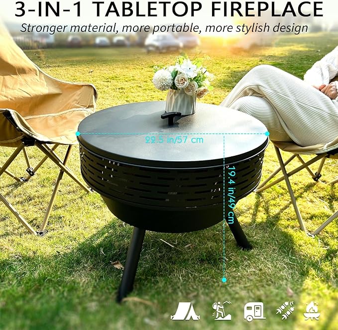3-in-1 Fire Pit with Grill &amp Lid 23 Outdoor Fire Pit Table Cast Iron Wood Burning Firepit Heavy Duty Fire Bowl for Outside Patio Backyard Fireplaces Large BBQ Pit Table with Fire Poker