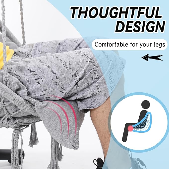 Macrame Hammock Hanging Swinging Chair with Oversized Cushion Perfect for Bedroom Porch Kids Adults Balcony Grey