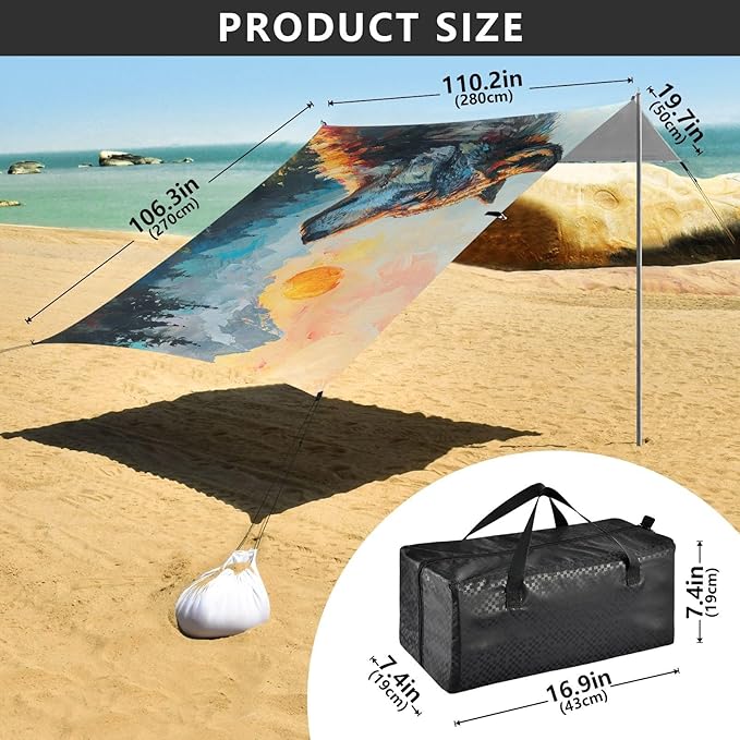 ALAZA Wolf Sunset Beach Tent Sun Shelter UPF50+ Protection Beach Shade Canopy w/ 4 Sandbags for Outdoor Camping Fishing Backyard Fun Picnic 10x9 ft