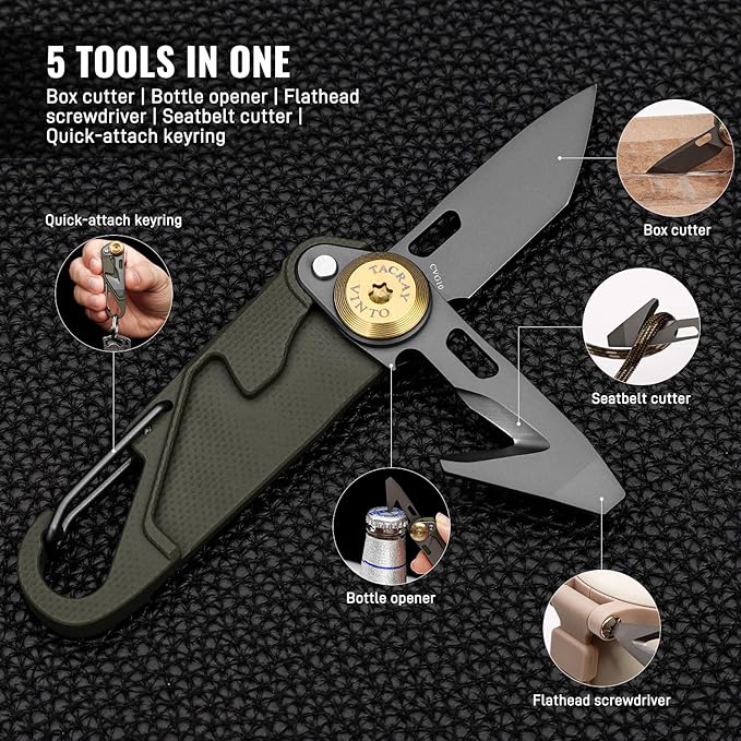 TACRAY Vinto 5-in-1 Small Pocket Knife – Ultra-Light Compact Multitool with Utility Knife Seatbelt Cutter Bottle Opener Flathead Screwdriver &amp Keyring Attachment for Everyday Carry (Green)