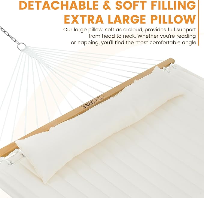 Lazy Daze Hammocks 2 Person Double Quilted Fabric Hammock with Spreader Bar Detachable Pillow Side Pocket Carabiners Chains Straps for Outdoor 450lbs Capacity Natural