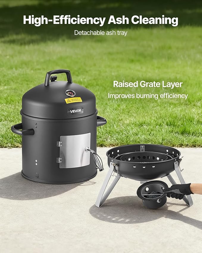 VEVOR Charcoal Smoker 16 Vertical Charcoal BBQ Grill Coated Steel Barbecue Smoker with 2 Grilling Grates Thermometer Air Vents &amp Removable Ash Tray Ideal for Backyard Patio Parties Cooking
