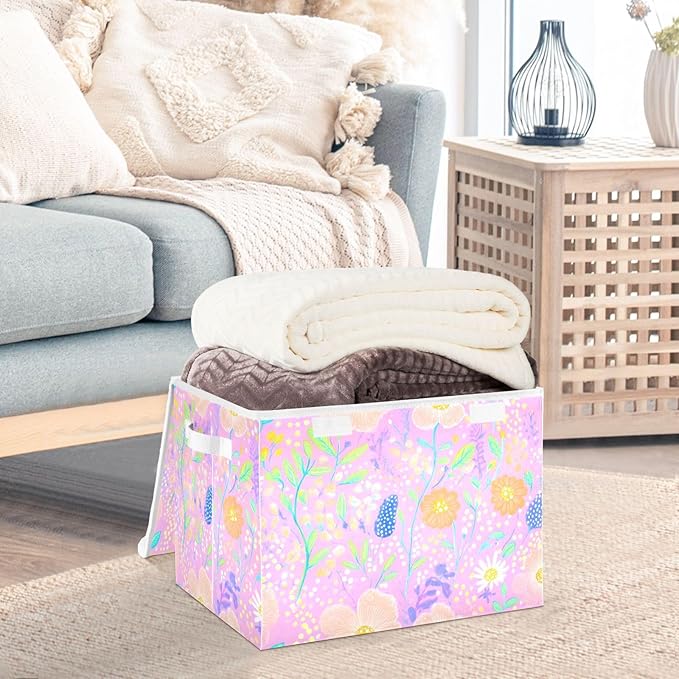 AIXIWAWA Lidded Storage Cube (Cartoon Florals) Fabric Foldable Closet Bins with Flip Lid and Handles Organizer Basket Container 16.5 x 12.6 x 11.8 IN