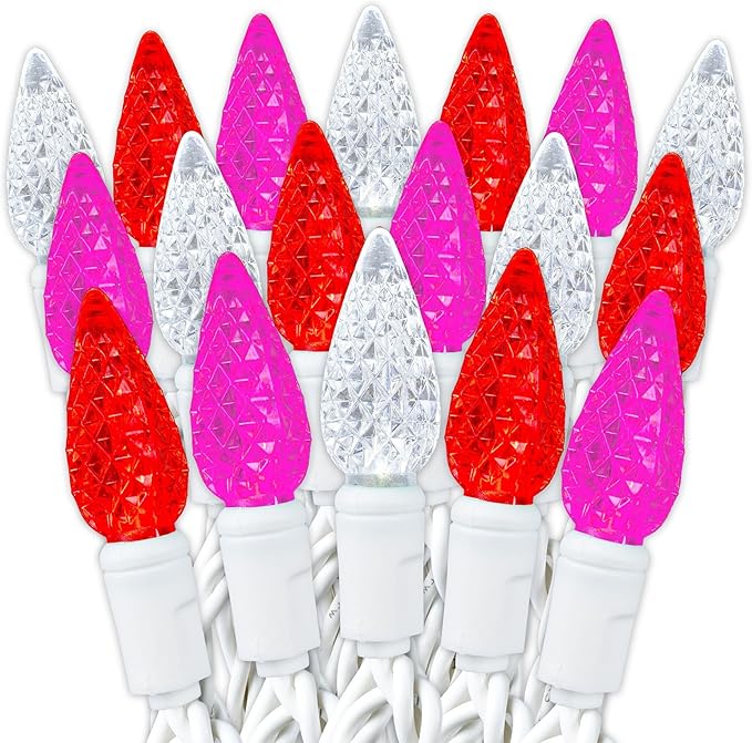 70 Light 24Ft Valentine's Day Lights Commercial String Lights C6 LED Strawberry Faceted Bulb – Red/Pink/Pure Whtie White Wire Indoor/Outdoor Full Wave No Flicker Connect 43 Sets