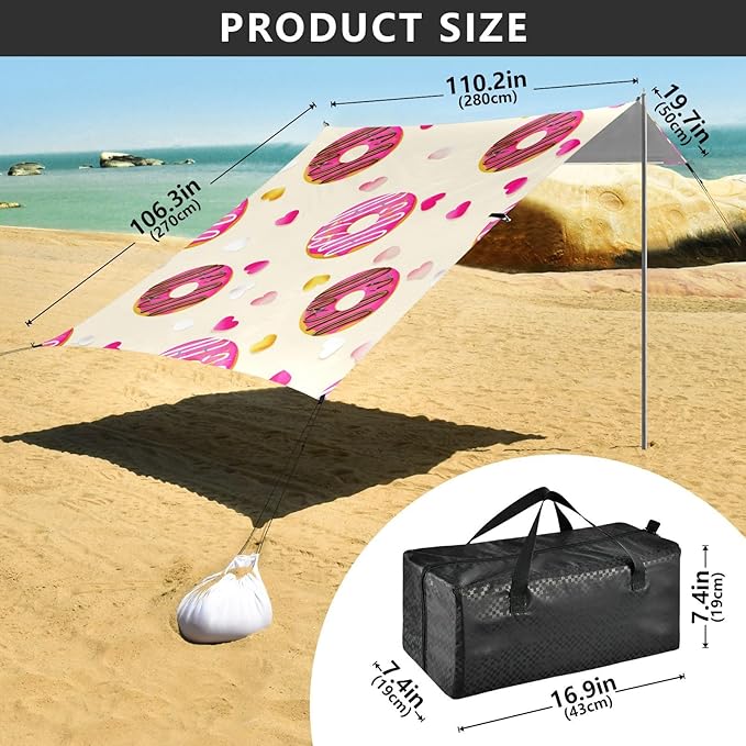 Beach Canopy with Windproof Ropes &amp Sandbags Beach Tent Sun Shade Sun Shelter for Camping Trips Fishing Backyard Fun or Picnics Donut