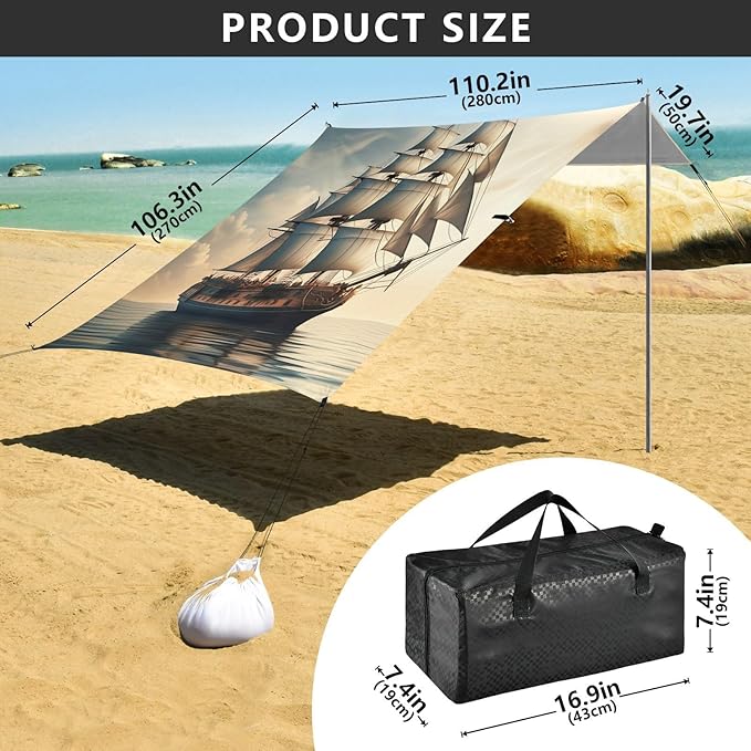 xigua Sailing Boat Beach Tent Sun Shelter with Carrying Bag - Silver Coated Oxford Fabric Beach Canopy for Beach Camping Fishing - Includes Windproof Ropes Sandbags &amp Stakes