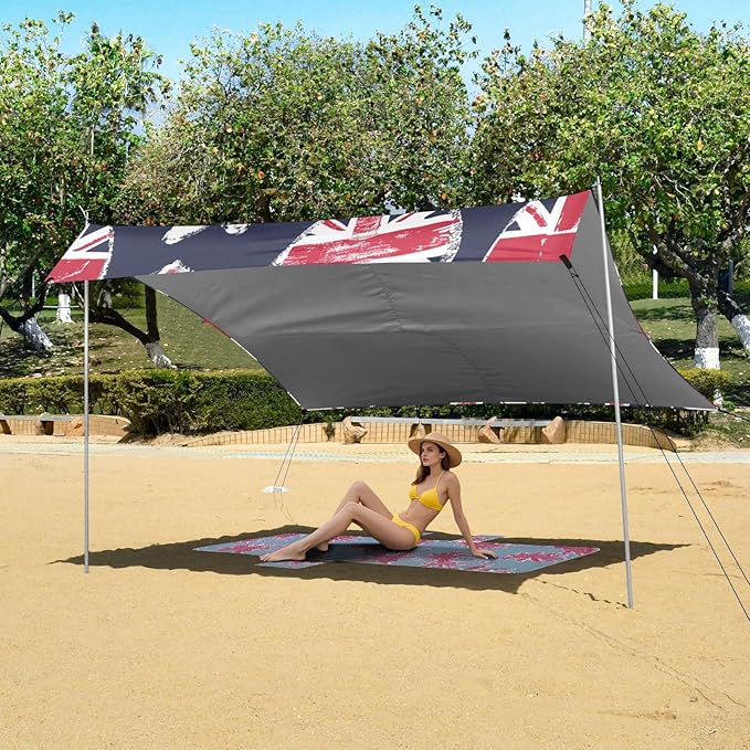 ALAZA British Flag Love Hearts Beach Tent Sun Shelter UPF50+ Protection Beach Shade Canopy w/ 4 Sandbags for Outdoor Camping Fishing Backyard Fun Picnic 10x9 ft