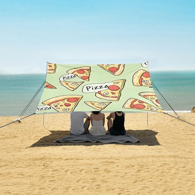 ALAZA Pizza Slice Word Pattern Beach Tent Sun Shelter Portable Canopy Sunshade for Outdoor Camping Picnics Backyard Fun 10x9 ft