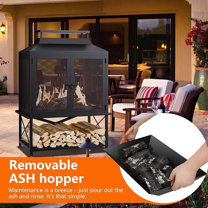 2-in-1 Metal Chiminea Fireplace with GrillWood Burning Outdoor Fireplace with Wood Storage ChimneyMetal Mesh Spark Screenand Fire Tongs Ideal for YardsPatios GardensCampingand Picnics