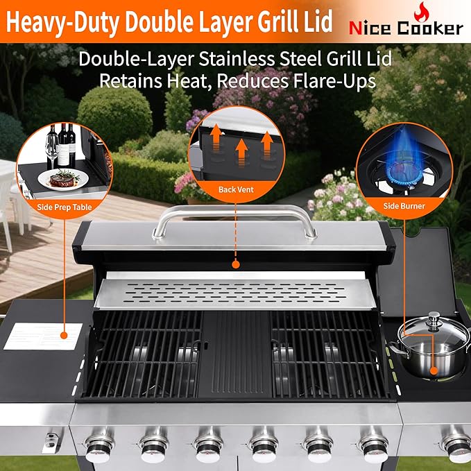 6-Burner Propane Gas BBQ Grill with Side Burner - 65850 BTU Total Output Stainless Steel Grills with Enameled Cast Iron Grill for Outdoor Backyard Barbecue 620 SQ. IN. Cooking Area