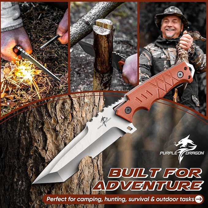 Purple Dragon Camping Knife with Sheath - D2 Steel Survival Knives for Camping Bushcraft - Ergonomic G10 Handle Outdoor Survival Gear Christmas Gift for Men and Women