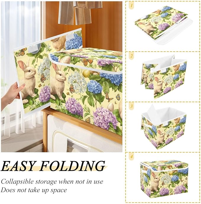 Yellow Easter Bunny Hydrangea Butterfly Storage Box with Lid 1 PC Foldable Storage Bin with Lids Stackable Storage Bins Cube Closet Organizer Basket with Flip-Top Lid &amp Handles for Shoes Books Tow