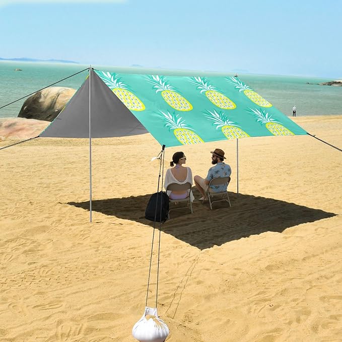 Beach Canopy with Windproof Ropes &amp Sandbags Beach Tent Sun Shade Sun Shelter for Camping Trips Fishing Backyard Fun or Picnics Pineapples