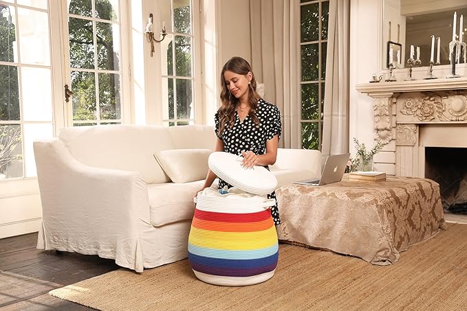 20 x 20 Extra Large Cotton Rope Storage Basket with Lid – Flagon Design – Perfect for Clothes Blankets and Living Room Organization (Rainbow/White 20x20)