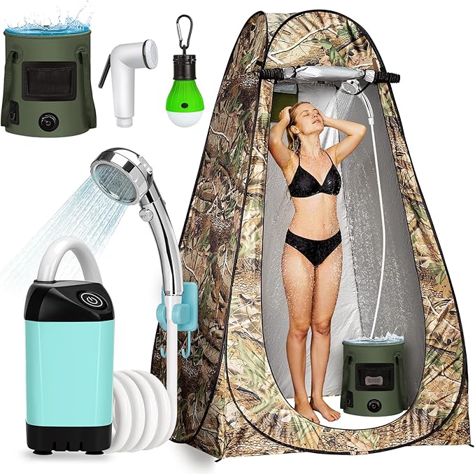 Portable Camping Shower Pop Up Shower Privacy Tent Kit with LED Lights 4500mAh Rechargeable Shower Pump Filtered Shower Head &amp 7.4 Gallons Foldable Bucket Outdoor Shower for Hiking Beach Trav
